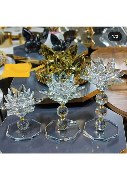 Lotus Çiçeği Kristal 3 Lü Şamdan Mumluk Set
