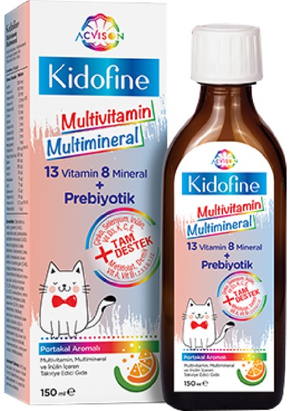Kidofine Çoçuklara Özel Multivitamin ve Multimineral Gıda Takviyesi 13 Vitamin 8 Mineral Prebiyotik