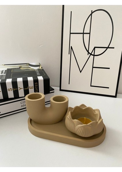 3’lü Oval Tepsi Şamdanlık ve Mumluk - Bej