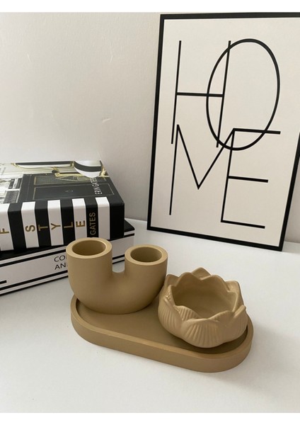 3’lü Oval Tepsi Şamdanlık ve Mumluk - Bej fiyatları