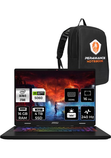 Msı Crosshair 16 Hx Aı Intel Core Ultra 9 275HX 16GB 4tb SSD RTX5060/8GB 115W 16" Qhd+ 240Hz Fdos Taşınabilir Bilgisayar & Per4 Çanta D2XWFKG093TRP310