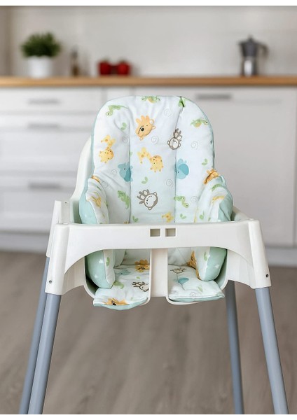 Bebek/çocuk Mama Sandalyesi Minderi Safari Hayvanlar ve Yeşil Yıldızlı