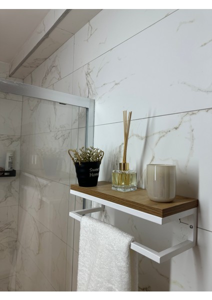 Fulya Banyo Ahşap Raflı Beyaz Metal Havlu, Şal Askılık