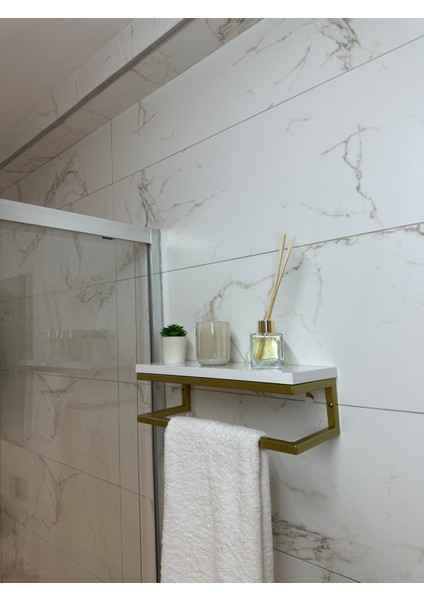 Fulya Banyo Ahşap Raflı Gold Metal Havlu, Şal Askılık