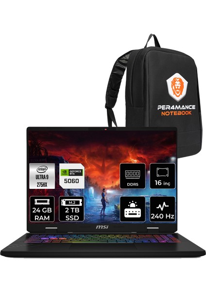 Msı Crosshair 16 Hx Aı Intel Core Ultra 9 275HX 24GB 2tb SSD RTX5060/8GB 115W 16" Qhd+ 240Hz Fdos Taşınabilir Bilgisayar & Per4 Çanta D2XWFKG093TRP314