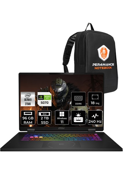 Msı Crosshair 18 Hx Aı Intel Core Ultra 9 275HX 96GB 2tb SSD RTX5070/8GB 115W 18" Qhd+ 240Hz W11P Taşınabilir Bilgisayar & Per4 Çanta A2XWGKG032XTRP419