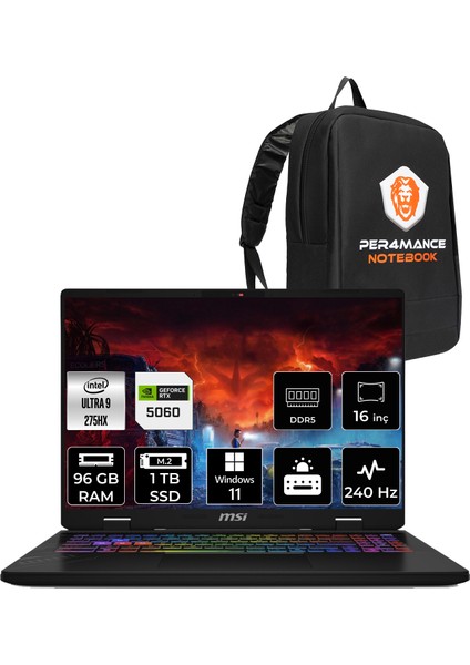 Msı Crosshair 16 Hx Aı Intel Core Ultra 9 275HX 96GB 1tb SSD RTX5060/8GB 115W 16" Qhd+ 240Hz W11P Taşınabilir Bilgisayar & Per4 Çanta D2XWFKG093TRP418
