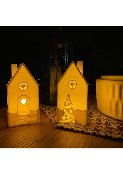 2'li Tealight Mumluk Kış Evleri, Çam Ağaçı Desenli Noel Evleri, Balkon Süsü, Konsol Süsü Minik Evle fırsatları