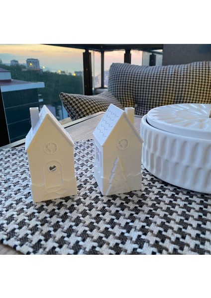 2'li Tealight Mumluk Kış Evleri, Çam Ağaçı Desenli Noel Evleri, Balkon Süsü, Konsol Süsü Minik Evle