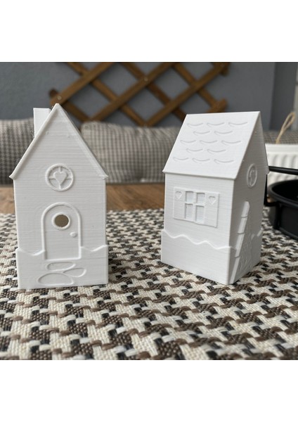 2'li Tealight Mumluk Kış Evleri, Çam Ağaçı Desenli Noel Evleri, Balkon Süsü, Konsol Süsü Minik Evle