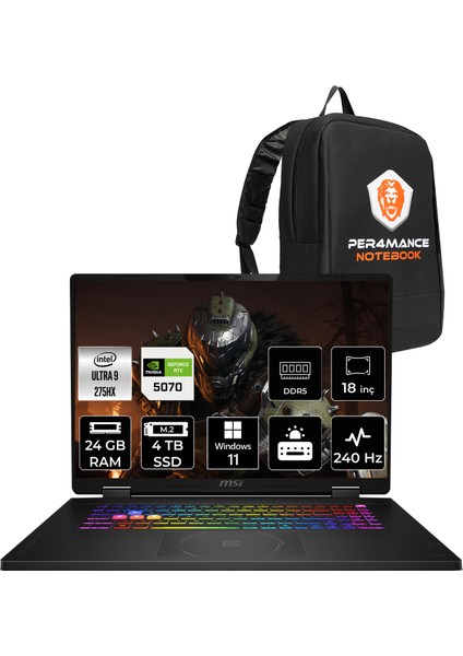 Msı Crosshair 18 Hx Aı Intel Core Ultra 9 275HX 24GB 4tb SSD RTX5070/8GB 115W 18" Qhd+ 240Hz W11H Taşınabilir Bilgisayar & Per4 Çanta A2XWGKG032XTRP355