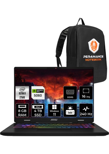 Msı Crosshair 16 Hx Aı Intel Core Ultra 9 275HX 8gb 4tb SSD RTX5060/8GB 115W 16" Qhd+ 240Hz W11P Taşınabilir Bilgisayar & Per4 Çanta D2XWFKG093TRP385