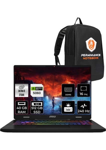 Msı Crosshair 16 Hx Aı Intel Core Ultra 9 275HX 40GB 512GB SSD RTX5060/8GB 115W 16" Qhd+ 240Hz Fdos Taşınabilir Bilgisayar & Per4 Çanta D2XWFKG093TRP322