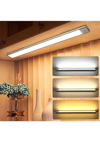 Hareket Sensörlü Şarjlı Kablosuz USB Şarjlı LED Gece Lambası 3 Renk Kısılabilir Mutfak Dolap Tezgah Aplik