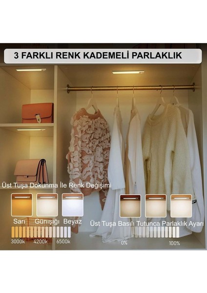 Hareket Sensörlü Şarjlı Kablosuz USB Şarjlı LED Gece Lambası 3 Renk Kısılabilir Mutfak Dolap Tezgah Aplik