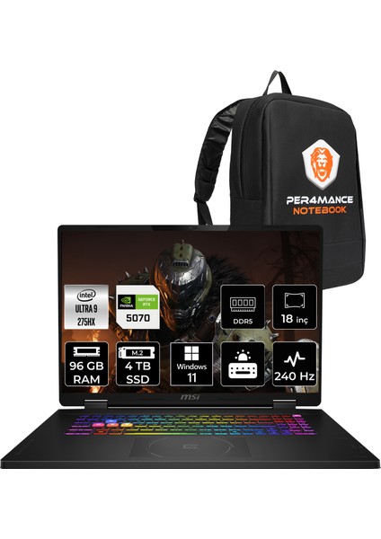 Msı Crosshair 18 Hx Aı Intel Core Ultra 9 275HX 96GB 4tb SSD RTX5070/8GB 115W 18" Qhd+ 240Hz W11P Taşınabilir Bilgisayar & Per4 Çanta A2XWGKG032XTRP420