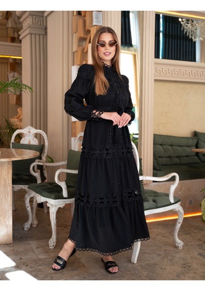 Siyah Güpür Desen Uzun Elbise fiyatları