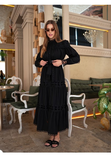 Siyah Güpür Desen Uzun Elbise modelleri