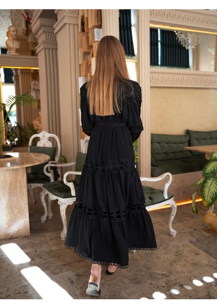 Siyah Güpür Desen Uzun Elbise indirimleri
