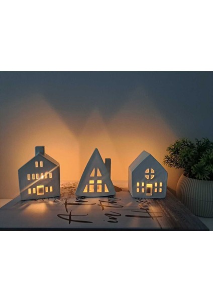 3'lü Ev Mumluk Dekoratif Beton Ev Şeklinde Mumluk (Tealight Mumlar Dahildir) modelleri