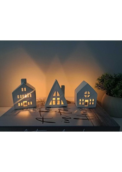 3'lü Ev Mumluk Dekoratif Beton Ev Şeklinde Mumluk (Tealight Mumlar Dahildir)