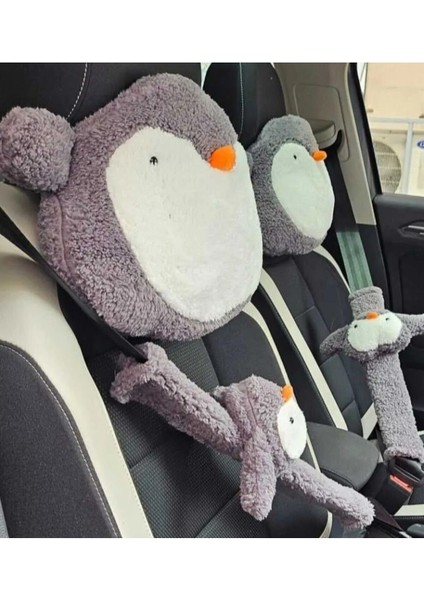 Neşeli Araba Yastığı Seti Penguen Emniyet Kemeri Kilifi ve Araba Yastığı 2li set