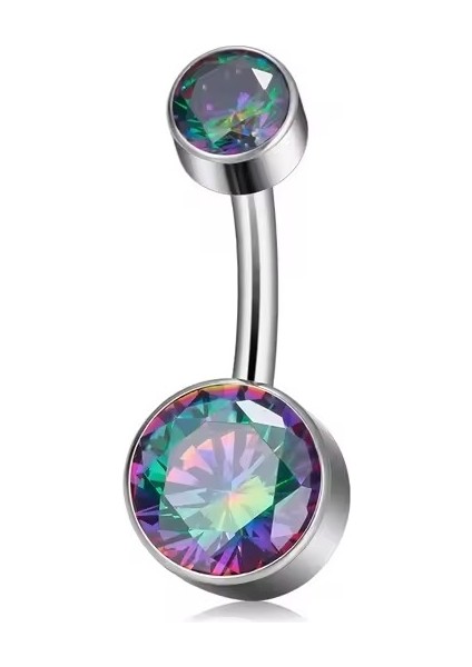 F136 Titanyum Hologram Zirkon Taşlı Ayna Cilalı Göbek Piercing - Titanyum Göbek Piercing
