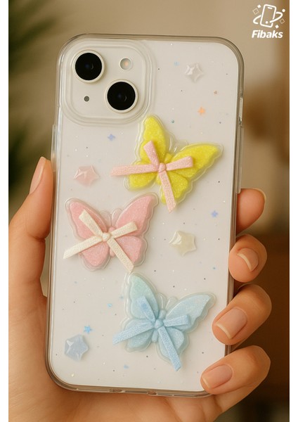 Apple iPhone 13 - 14 - 15 Kılıf Şeffaf Simli Renkli 3D Kelebek Desenli Fiyonk Kurdale Silikon Kapak modelleri
