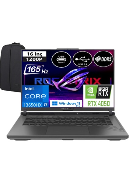 Rog Strix G16 G614JU-N3196EP7 Intel Core I7 13650HX 64 GB Ram 1 Tb SSD Rtx 4050 165 Hz Windows 11 Pro 16" Wuxga + Elektropasaj Çanta