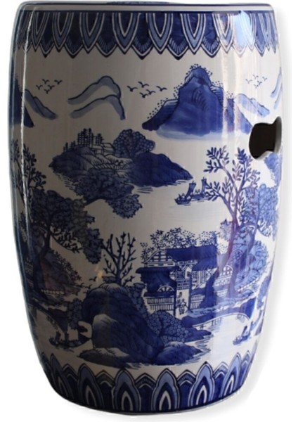 Dogu Bleu Blanc Kulplu Seramik Tabure ( 29.2 x 29.2 x 42.2 cm )