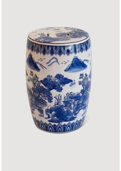 Dogu Bleu Blanc Kulplu Seramik Tabure ( 29.2 x 29.2 x 42.2 cm )