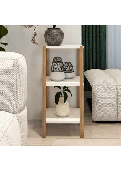 Aden 3 Raflı Beyaz Ahşap Köşe Sehpası / Yan Sehpa / Çok Amaçlı Dekoratif Raf