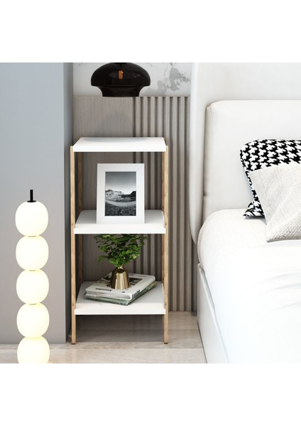 Aden 3 Raflı Beyaz Ahşap Köşe Sehpası / Yan Sehpa / Çok Amaçlı Dekoratif Raf modelleri