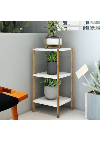 Aden 3 Raflı Beyaz Ahşap Köşe Sehpası / Yan Sehpa / Çok Amaçlı Dekoratif Raf