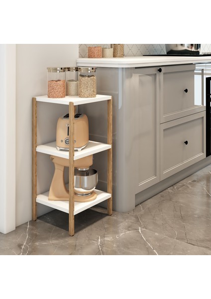 Aden 3 Raflı Beyaz Ahşap Köşe Sehpası / Yan Sehpa / Çok Amaçlı Dekoratif Raf