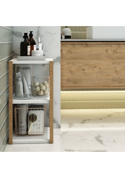 Aden 3 Raflı Beyaz Ahşap Köşe Sehpası / Yan Sehpa / Çok Amaçlı Dekoratif Raf