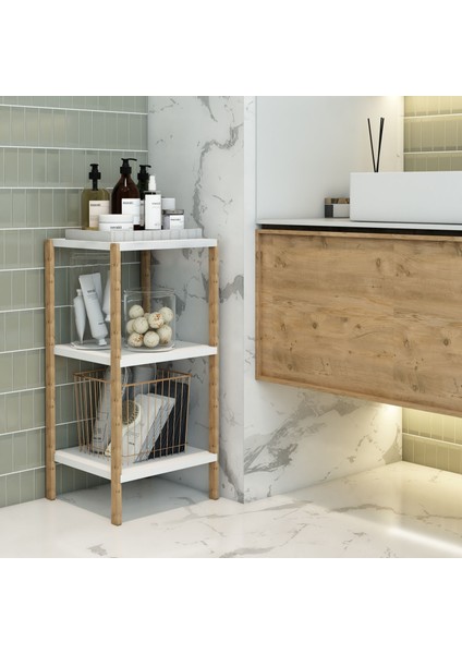 Aden 3 Raflı Beyaz Ahşap Köşe Sehpası / Yan Sehpa / Çok Amaçlı Dekoratif Raf