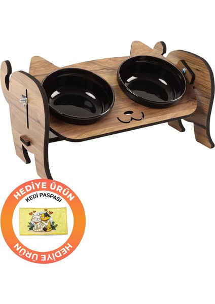 Ahşap Kedi Mama Seramik Su Kabı Standı,kedili Mama Kabı, Hediye Kedi Halısı