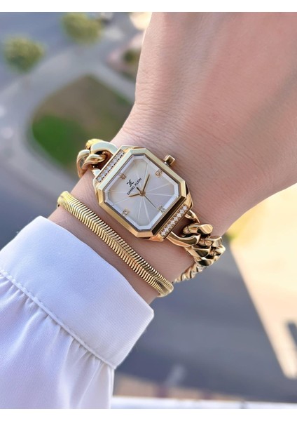 Spor Zincir Kordon Köşeli Seri 2 Yıl Garantili Kadın Kol Saati+Bileklik 10836.2 fiyatları