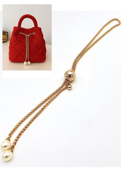 Incili Zincir Çanta Büzgüsü Light Gold Renk Yuvarlak Model