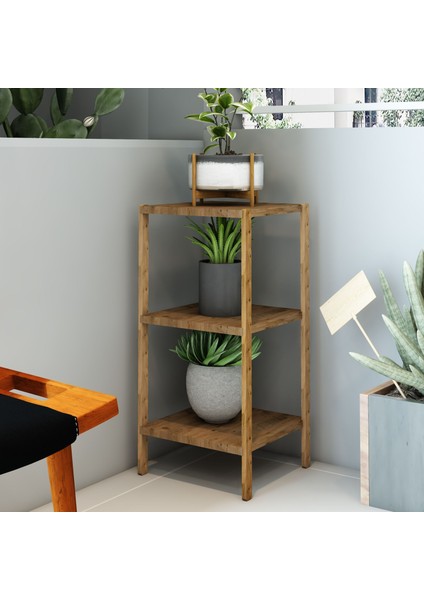 Aden 3 Raflı Atlantik Çam Ahşap Köşe Sehpası / Yan Sehpa / Çok Amaçlı Dekoratif Raf