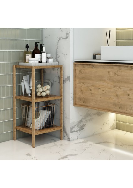 Aden 3 Raflı Atlantik Çam Ahşap Köşe Sehpası / Yan Sehpa / Çok Amaçlı Dekoratif Raf
