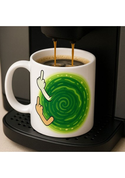 Rick And Morty Mizahı: Orta Parmak Portal Desenli Beyaz Kupa