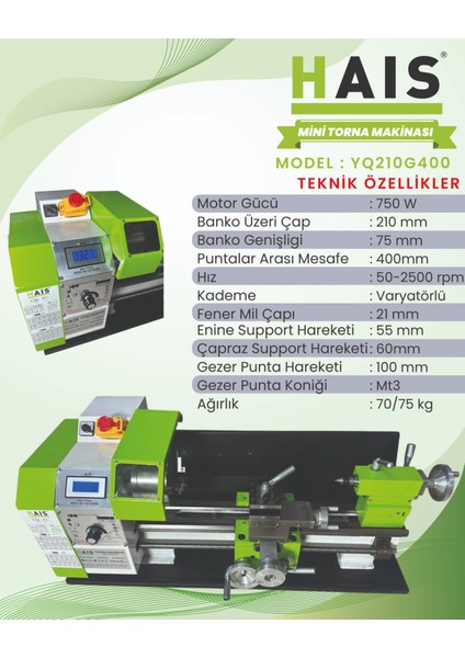 Haıs 210X400 Masa Üzeri Metal Torna Makinası 750 Watt fırsatları