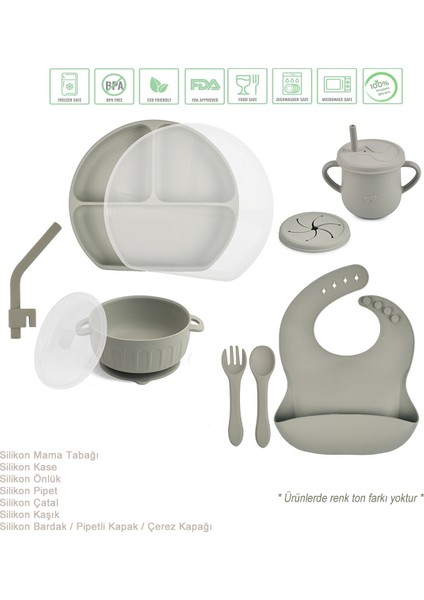 Kapaklı, Vakumlu Silikon Beslenme Seti / Gri