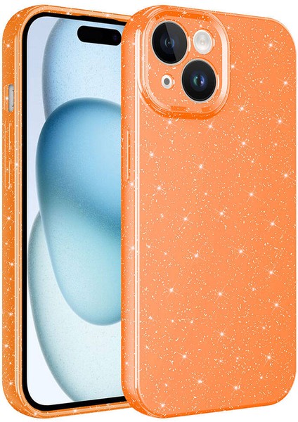 iPhone 15 Uyumlu Kamera Korumalı Simli Lüks Mkst Koton Kapak-Turuncu