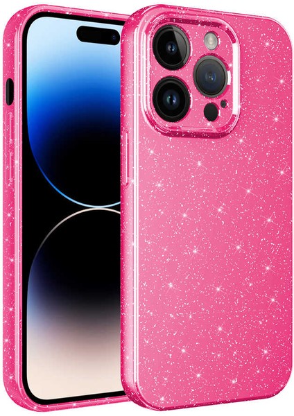 iPhone 14 Pro Uyumlu Kamera Korumalı Simli Lüks Mkst Koton Kapak-Pembe Koyu