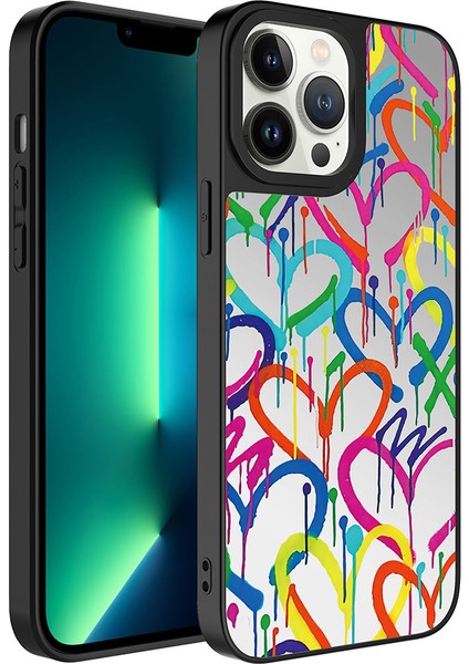 Apple iPhone 13 Pro Kılıf Aynalı Desenli Kamera Korumalı Parlak Mkst Mirror Kapak-Kalp