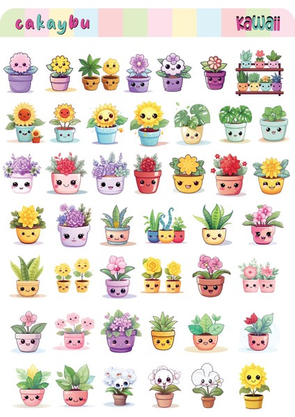 Kawaii Plants ( Bitkiler ) Temalı 1 Sayfa A4 46 Adet Sticker Set fiyatları