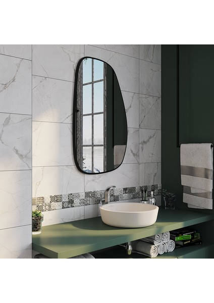 Asimetrik Banyo Duvar Aynası – Modern Mdf Siyah Çerçeveli, Mermer Yüzey Uyumlu Tasarım (AYP192) fiyatları